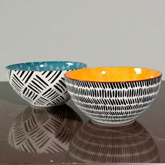 Set of 2 OVER AND BACK Colorful Geometric Design 6" Cereal Soup Bowls - Picture 8 of 12